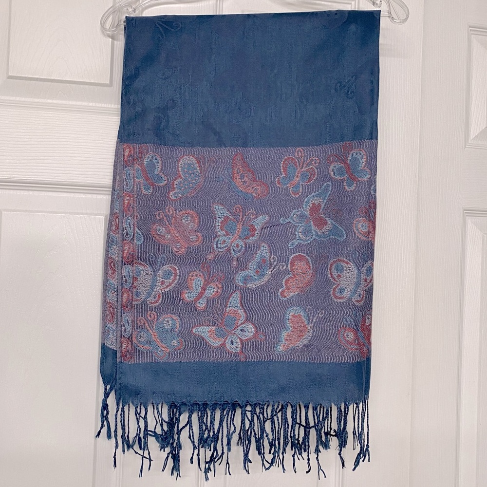 Butterfly Print 100% Cashmere Pashmina Blue Scarf